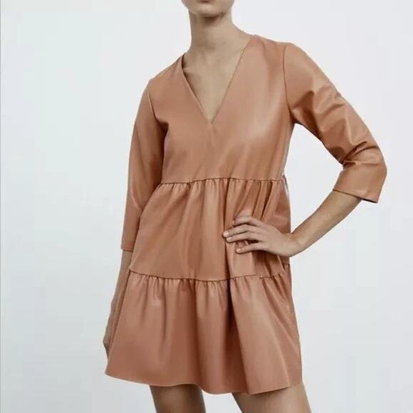 Zara Womens Faux Leather Tiered Ruffle Mini Dress Tan XS Modern Minimal - Picture 1 of 10